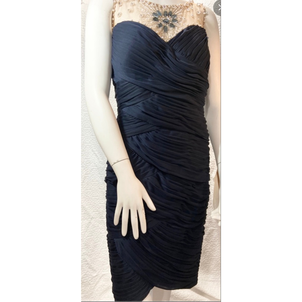 Adrianna Papell Navy Blue Beaded Illusion Neck Ruched Bodycon Cocktail Dress 16W - Picture 4 of 14
